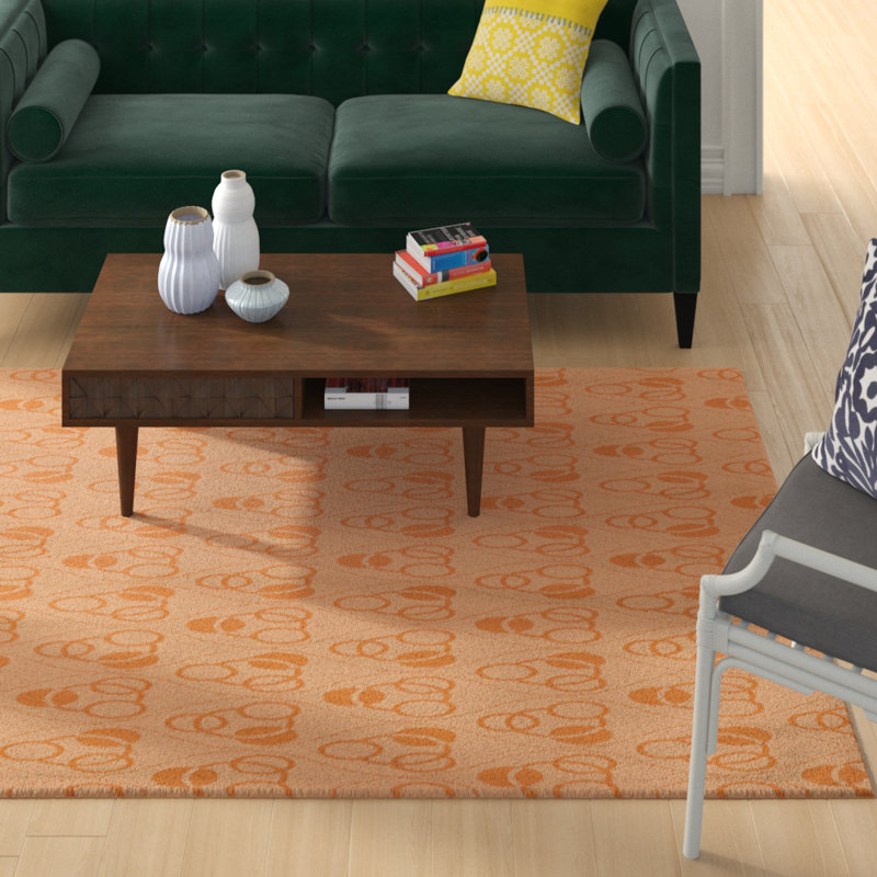 Tapis décoratif jaune à motif de cercles et de vagues, Rectangle 5 pi x 7 pi