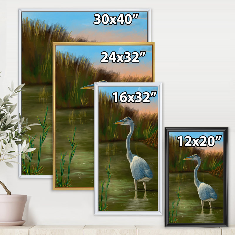 Blue Heron Wetland Bird - reproduction d'art murale traditionnelle, H 20 po x l 12 po x P 1po, Cadre noir