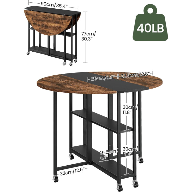 Folding Dining Table, Kitchen Table With 6 Wheels, Folding Round Table With 2-Layer Storage Shelf, Space Saving Dining Table For Small Spaces, Stable, Easy Assembly, Rustic Brown