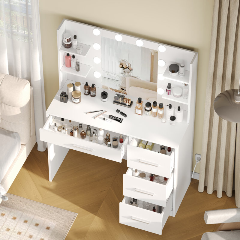 Coiffeuse de maquillage Balceta avec lumières et miroir, tablettes de rangement ouvertes, Blanc