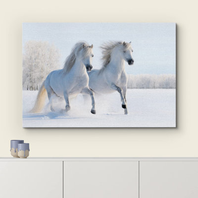 Horse " Duo Of White Stallion In Snowy Winter Forest Field "
