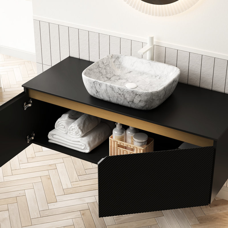 Meuble-lavabo 48 po avec lavabo, finition en comptoir en pierre frittée noire, lavabo en céramique à motif de marbre blanc, portes d'armoire en bois massif à fermeture en douceur, portes, registre