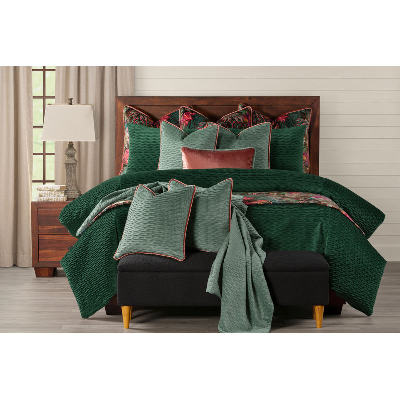 Pleated Velvet Emerald Green Duvet Cover Set, California King Duvet Cover + 2 King Shams