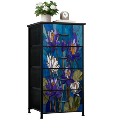 Commode pour chambre à coucher avec 4 tiroirs de rangement Commodes en vitrail fleurs de lotus blanches et mauves Commode en tissu avec cadre en acier pour vestibule
