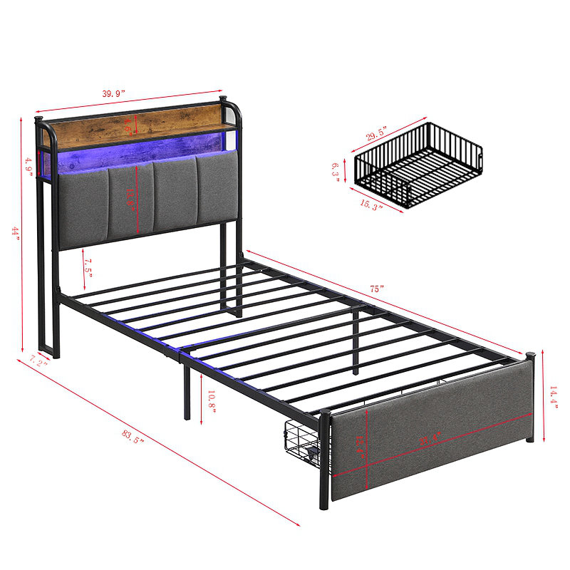 Bed Frame, Storage Headboard With Charging Station, Solid And Stable, Noise Free, No Box Spring Needed, Easy Assembly, Twin