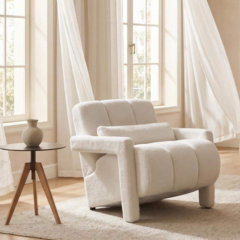 Jakeim 28‘’ Upholstered Teddy Armchair with Pillow, White