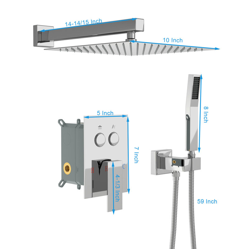 Square Dual Shower Head Kit - 10 Inch Wall Mounted With Nozzle
