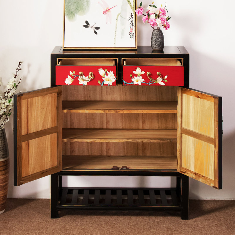Chinese Painted Solid Wood Shoe Cabinet 16 Pair Solid Wood Shoe Storage Cabinet, Red