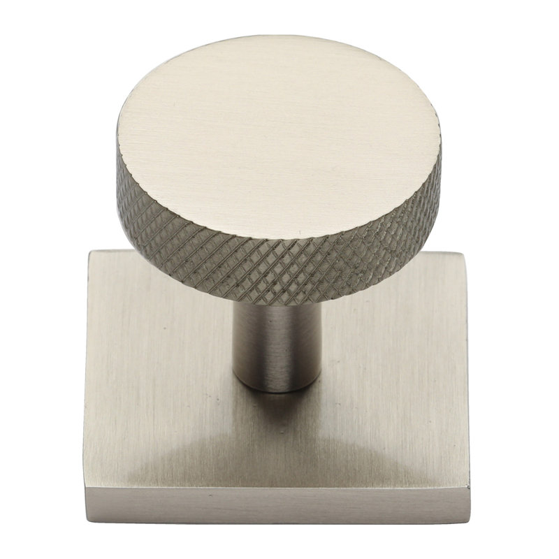 Heritage Brass Cabinet Knob Disc Knurled Design with Square Backplate, Satin Nickel