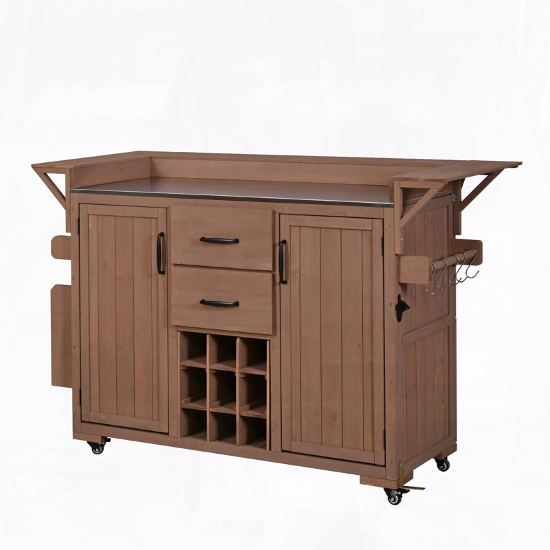 60.2" Outdoor Kitchen Island with Wheels – Stainless Steel Top, Wine Rack, Brown