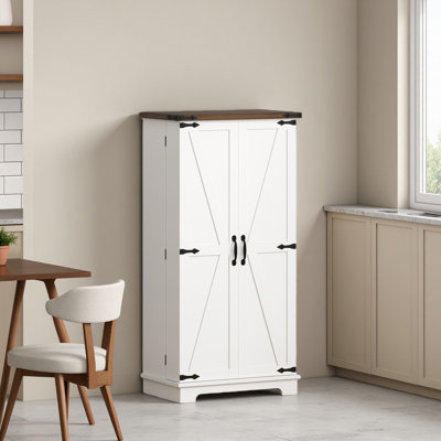47" Kitchen Pantry Cabinet With Sensing LED Light, Farmhouse Storage Cabinet With Doors, 2 Adjustable Shelves And 12 Door Shelves, Freestanding Cupboa