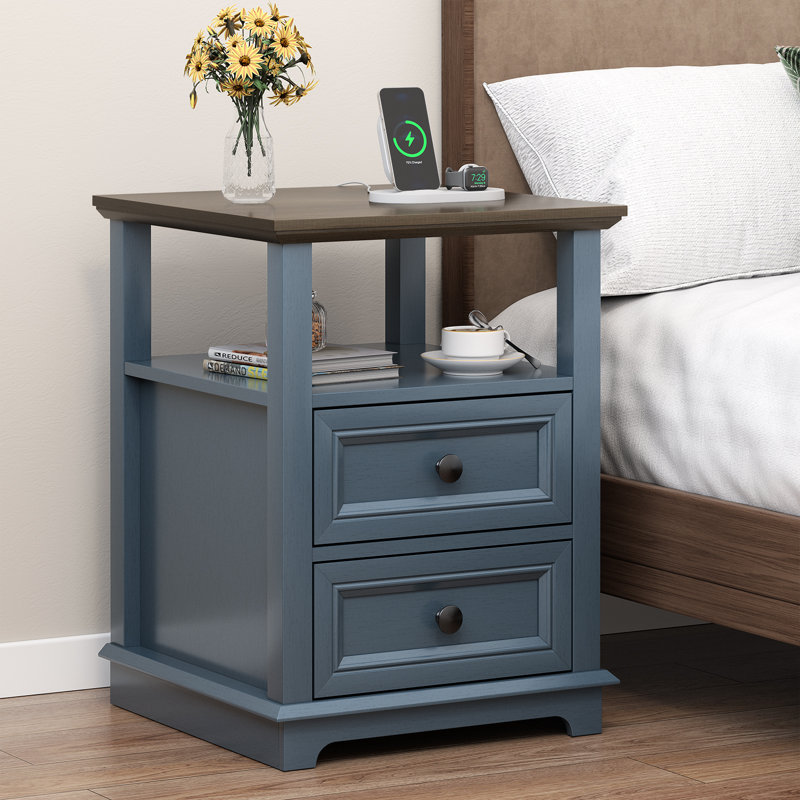 Chaky 2 - Drawer Nightstand with Storage and Built-In Outlets, Blue, Set of 2