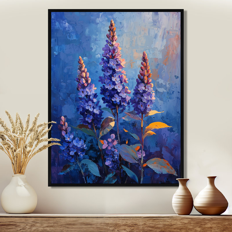Nikole Fiery Lilacs in Dark Tones Expressionism III - Lilas, art mural, H 20 po x l 12 po, Reproduction avec cadre flottant