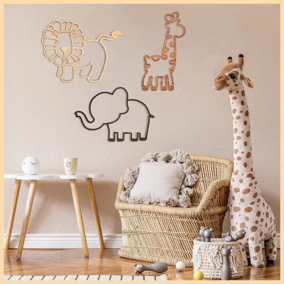 3-Piece Jungle Wooden Animal Wall Decor Set, Woodland Safari Ornaments with Adhesive Dots