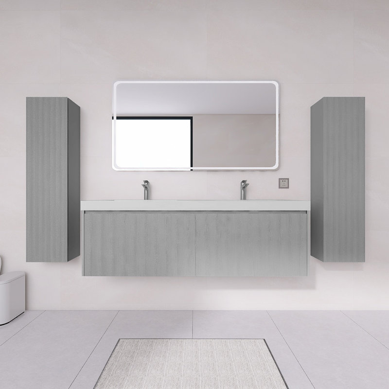 Ensemble de meuble-lavabo flottant 60 po avec plateau en acrylique et deux armoires latérales | Bois cannelé, rangement à fermeture en douceur et plomberie en forme de U