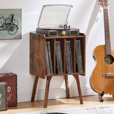 Record Player Stand,Vinyl Record Storage Table With 4 Cabinet Up To 100 Albums,Mid-Century Turntable Stand With Wood Legs,Brown Vinyl Holder Display Shelf For Bedroom Living Room (Patented)