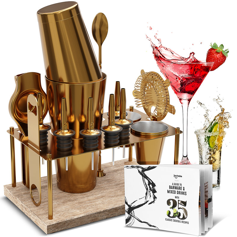 Ensemble d'outils de bar à cocktail en acier inoxydable 16 pièces avec support Joytable, Or