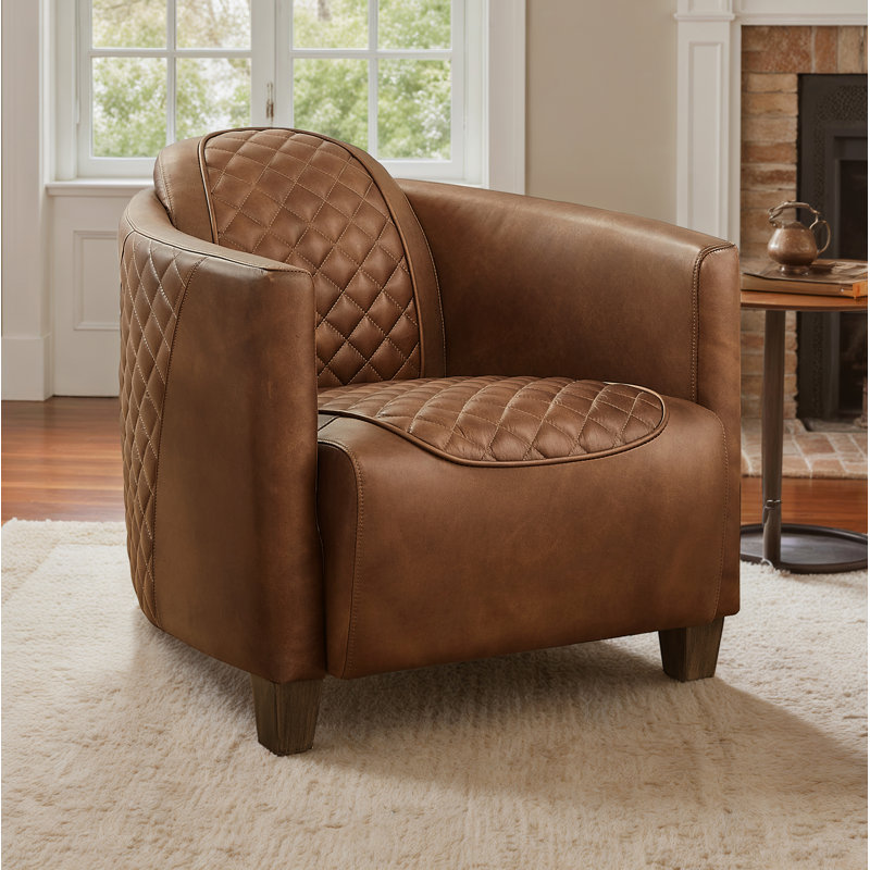 Paynesville Tufted Genuine Leather Upholstered Accent Arm Barrel Chair, Chocolate