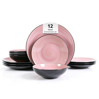 Service de table 12 pièces HomeVSS Sonoma en grès brillant à motifs tourbillonnants peints à la main (sans tasse), pour 4 personnes