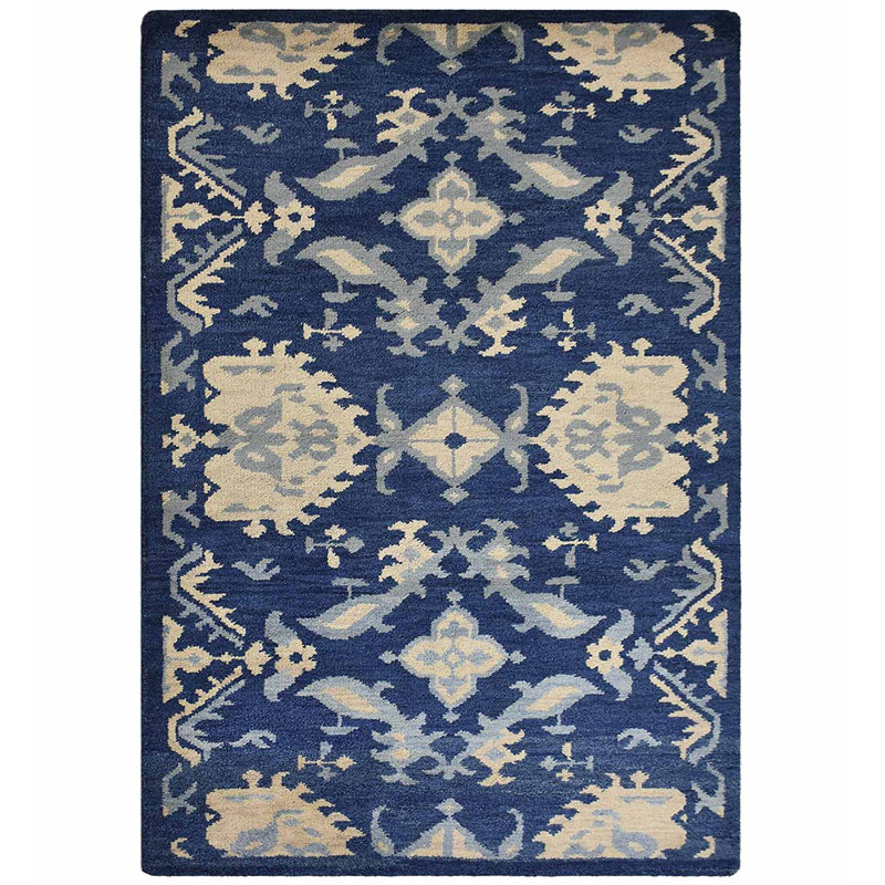 Tapis bleu floral fait à la main 100% laine bleu, Rectangle 5 pi x 8 pi