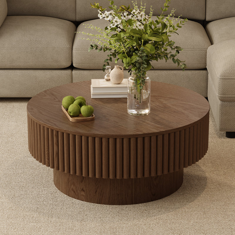Round Drum Coffee Table with Storage, Walnut, 14" H x 31.5" W x 31.5" D