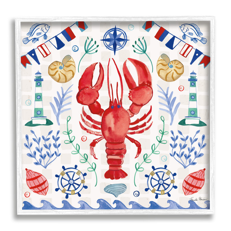 " Lobster on Nautical Pattern " Graphic Art Print, 17" H x 17" W x 1.5" D, Coastal White Framed Giclee