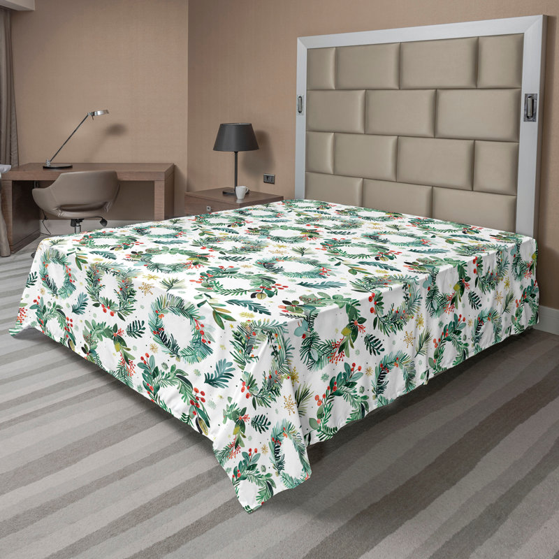 Drap plat moderne de style bohème Ambesonne, Full Flat Sheet, Vert laurier / motif floral vermillon