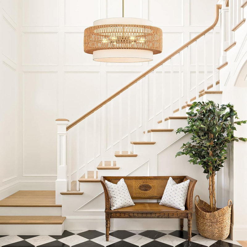 Lustre en rotin à 6 lumières pour salle à manger, suspension bohème de 65 cm (25,6 po) tissée à la main, forme cylindrique avec abat-jour en tissu, style rustique et champêtre, idéal pour îlot de cuisine, salon, chambre, hall d'entrée ou couloir.