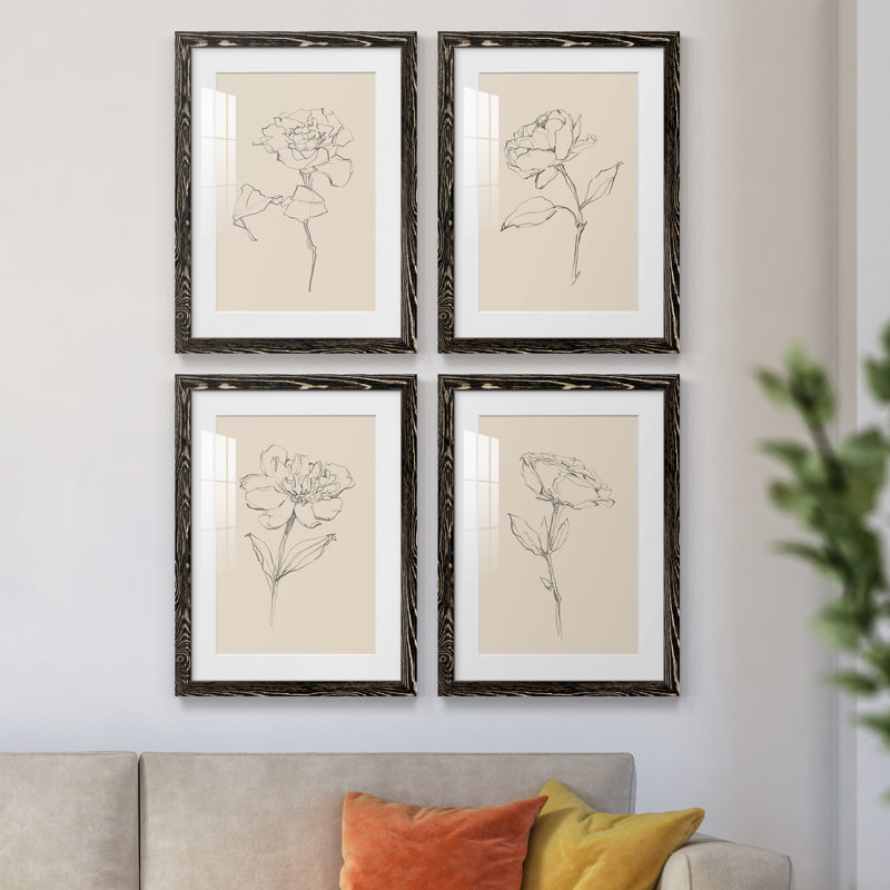 " Floral Contour Study I " 4 - Pieces Painting Print, 20" H x 17" W x 1" D, Black