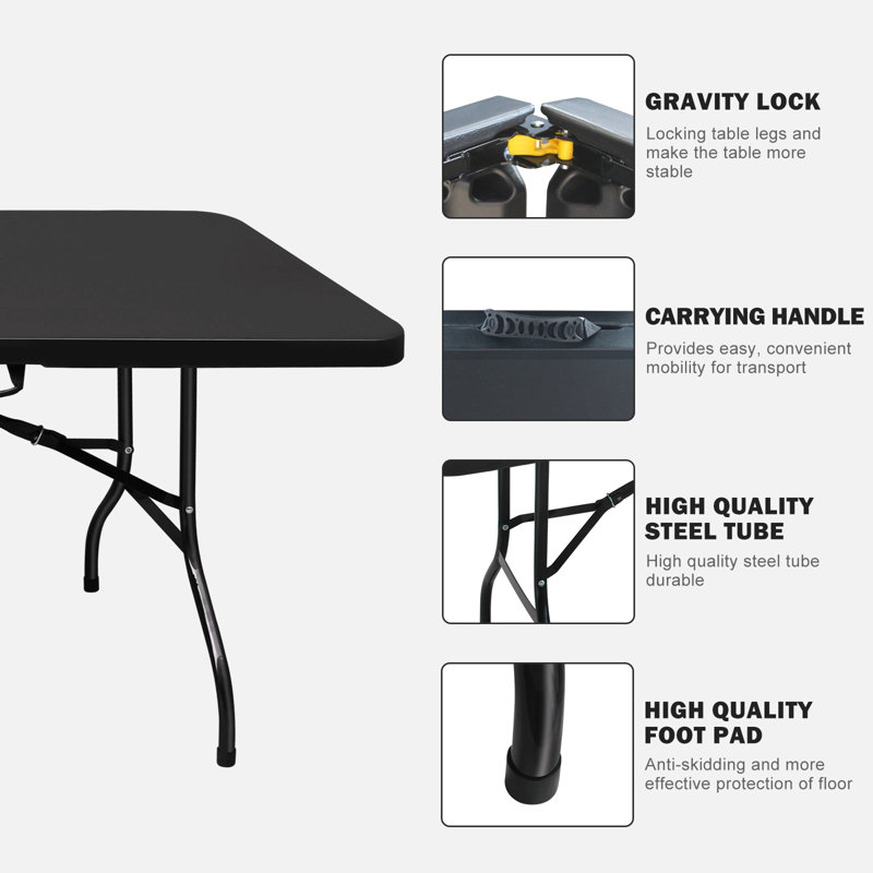 Table pliante de 8 pi, table en plastique portative pour le camping, pique-niques, fêtes, table pliable à charge élevée, Noir