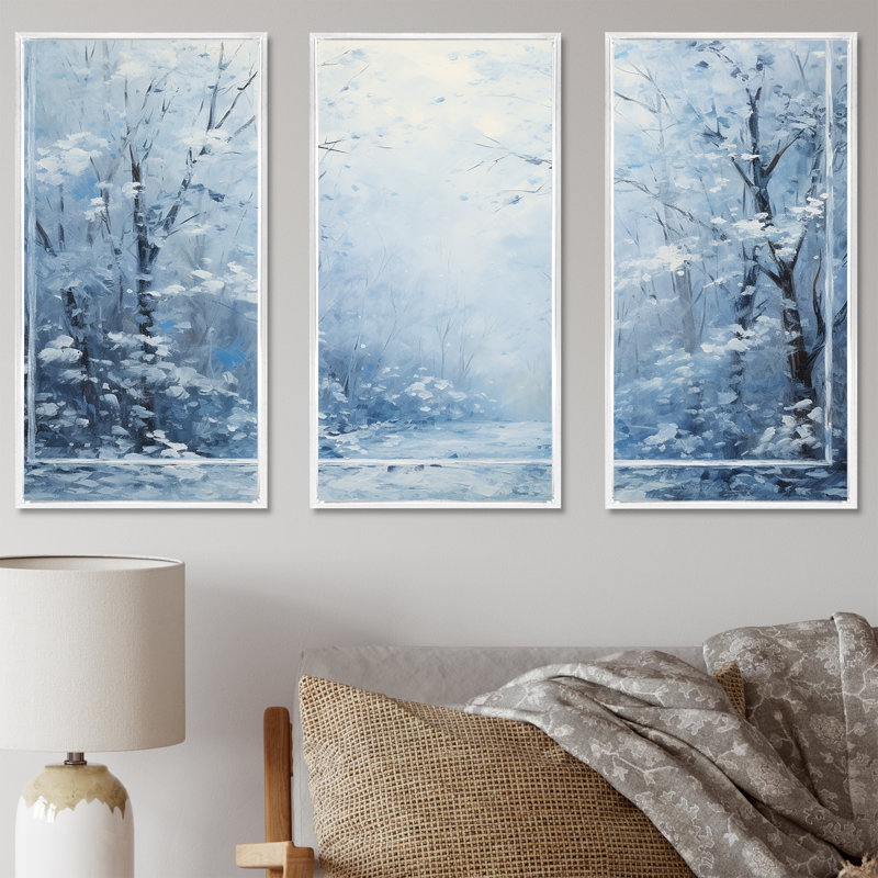 «Winter Landscape Snowfall Forest I - Winter Landscape», art mural, Cadre flottant blanc, H 28 po x l 36 po x P 1 po