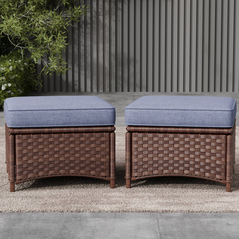 Layinsun Wicker Outdoor Patio Ottomans Set Of 2, Navy, Brown