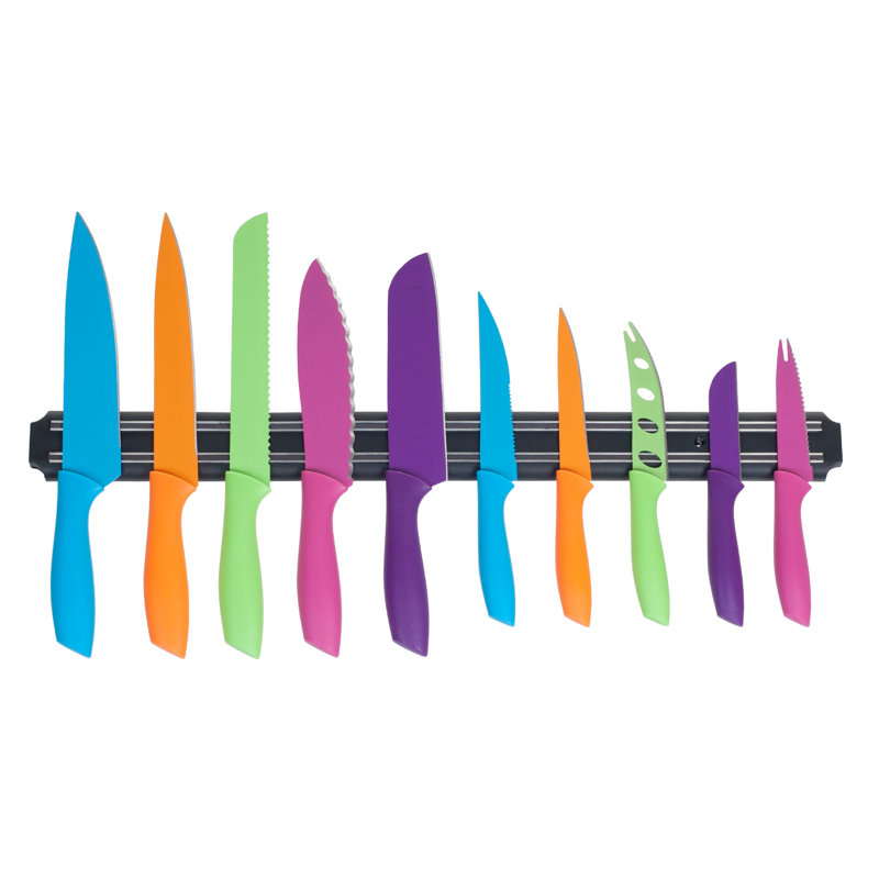 Ensemble de couteaux - 10 couteaux colorés en acier inoxydable avec porte-couteaux magnétique de 21,5 pouces de long pour le rangement et l'organisation par Classic Cuisine