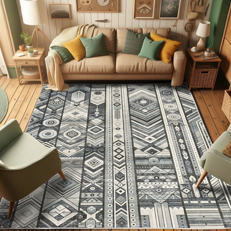 Dark Blue and White Tribal Stripe Synthetic Area Rug, 2'5" x 5'