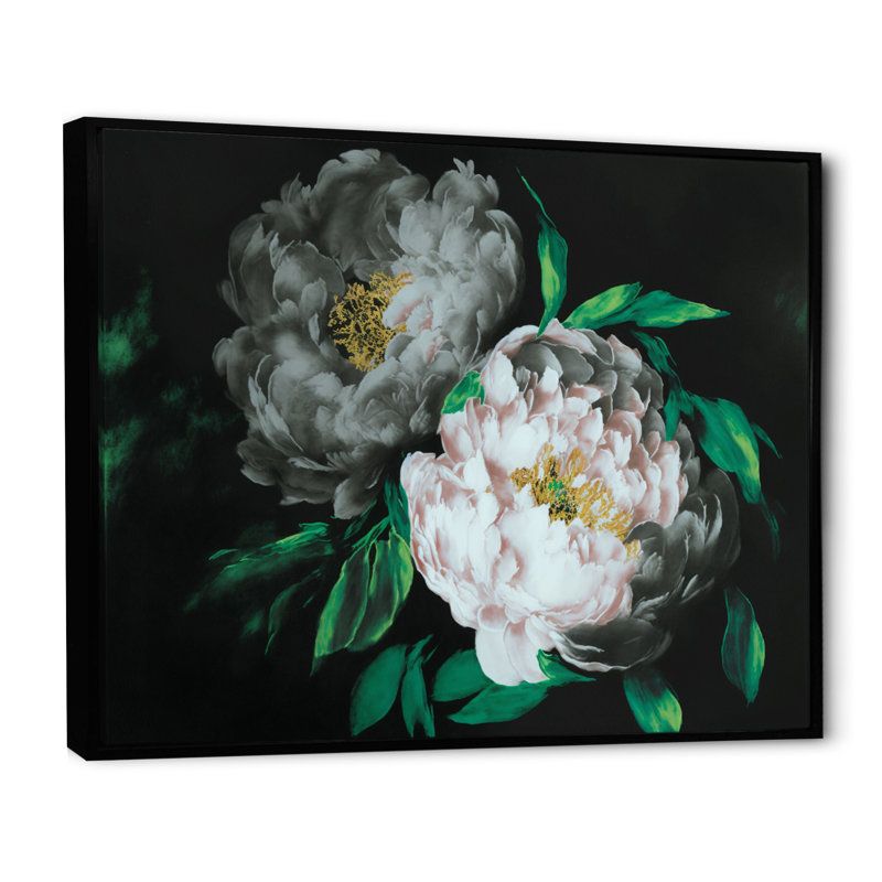 «White Blossoming Peony on Black I», reproduction sur toile, L 40 po x H 30 po, Toile à cadre flottant noir