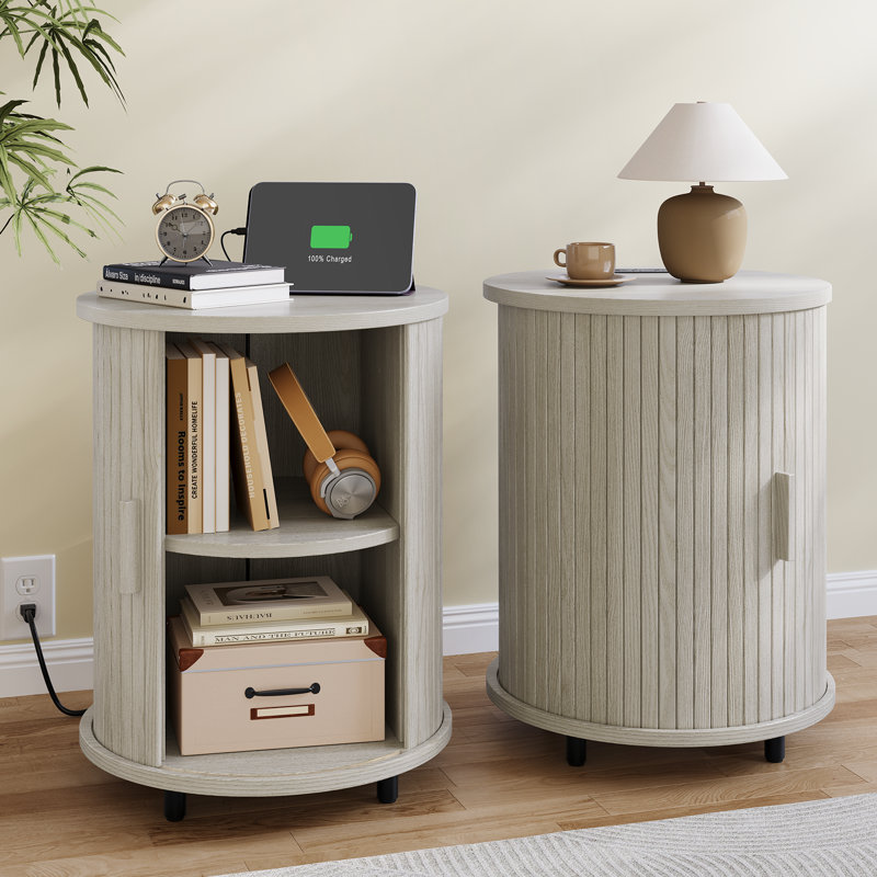 Round End Table with Charging Station, White, 1