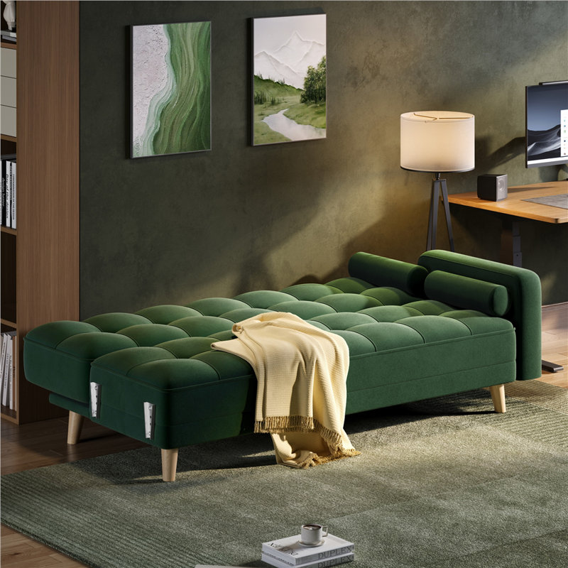 Moda Form 185Cm Square Arms Sofa Bed, Green Velvet