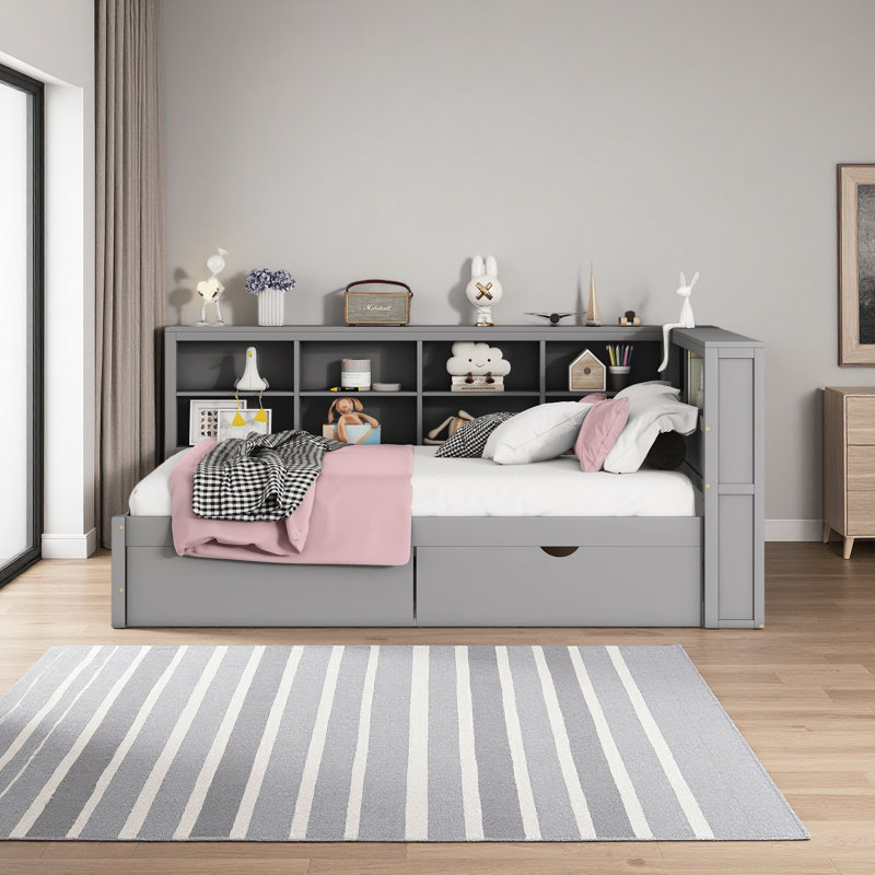 Lit de jour en bois avec 2 tiroirs, Gris, Lit double