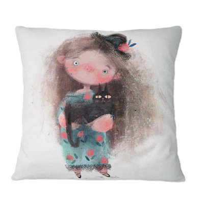 Mignonne petite fille avec un chapeau et un chat noir - Coussin décoratif pour enfants
