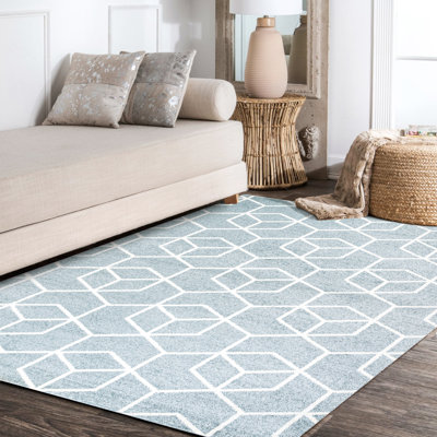 Mashawna Blocks Modern Geometric Light Blue/White Rug
