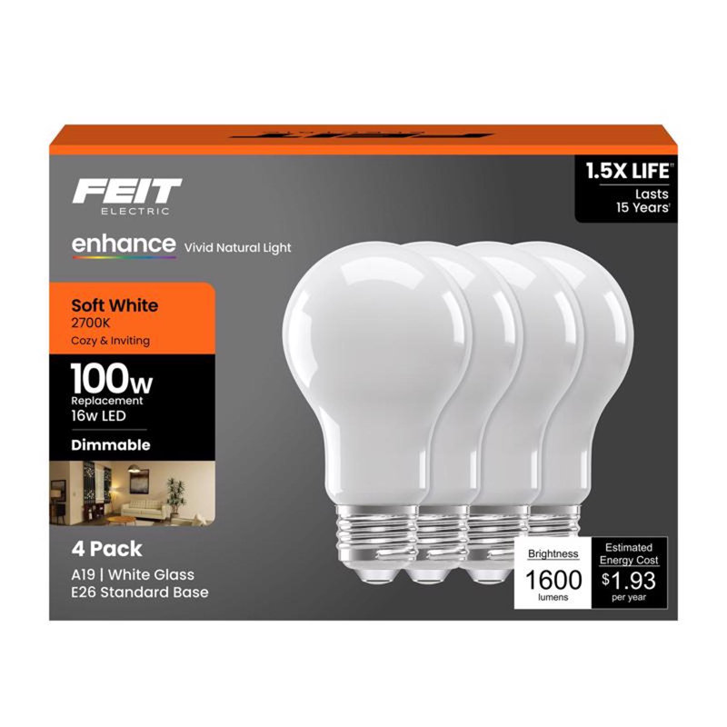 Ampoule DEL Feit A19 E26 (moyenne) blanc doux de 100 watts, paquet de 4, 2700 Kelvins, 16 W
