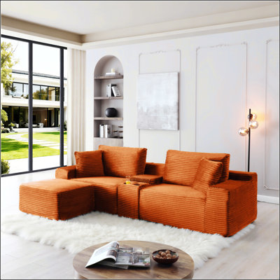 Canapé modulaire modulaire avec assise profonde, tissu en velours côtelé, porte-gobelets, ports USB, boîte de rangement et repose-pieds mobile pour un confort de salon polyvalent
