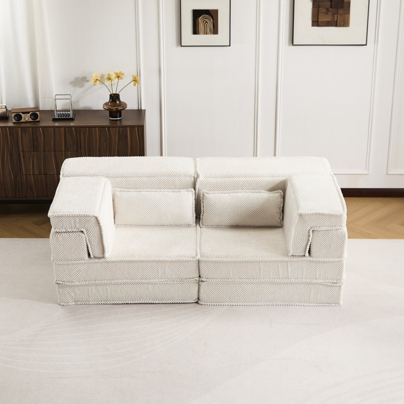 Canapé d'angle modulaire sans os à monter soi-même - Lit convertible Mahjong à compression, revêtement en polaire circulaire, rembourrage en mousse à mémoire de forme haute densité, blanc, aucun assemblage requis, style convertible, housse incluse.