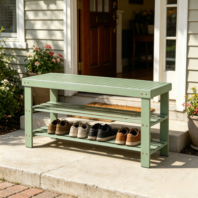 Green bamboo shoe stool with double Flat noodles shoe rack, 33 inch entrance storage bench, shoe rack bench for mud chamber, front porch and indoor corridor