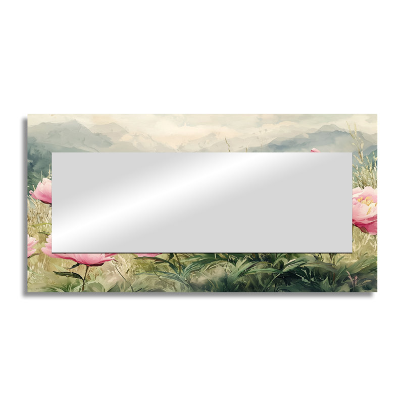 Pivoines dans la prairie alpine II - miroir mural floral - imprimé sur métal, 28 po x 55 po