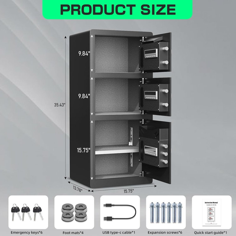 8.0 Cu ft Extra Large Home Safe Box Fireproof Waterproof with Triple Door, Digital Safe with Deposit Slot, Key Hook & Adjustable Shelf, Money Safes with Backlit Keypad & Dual Alarm for Home