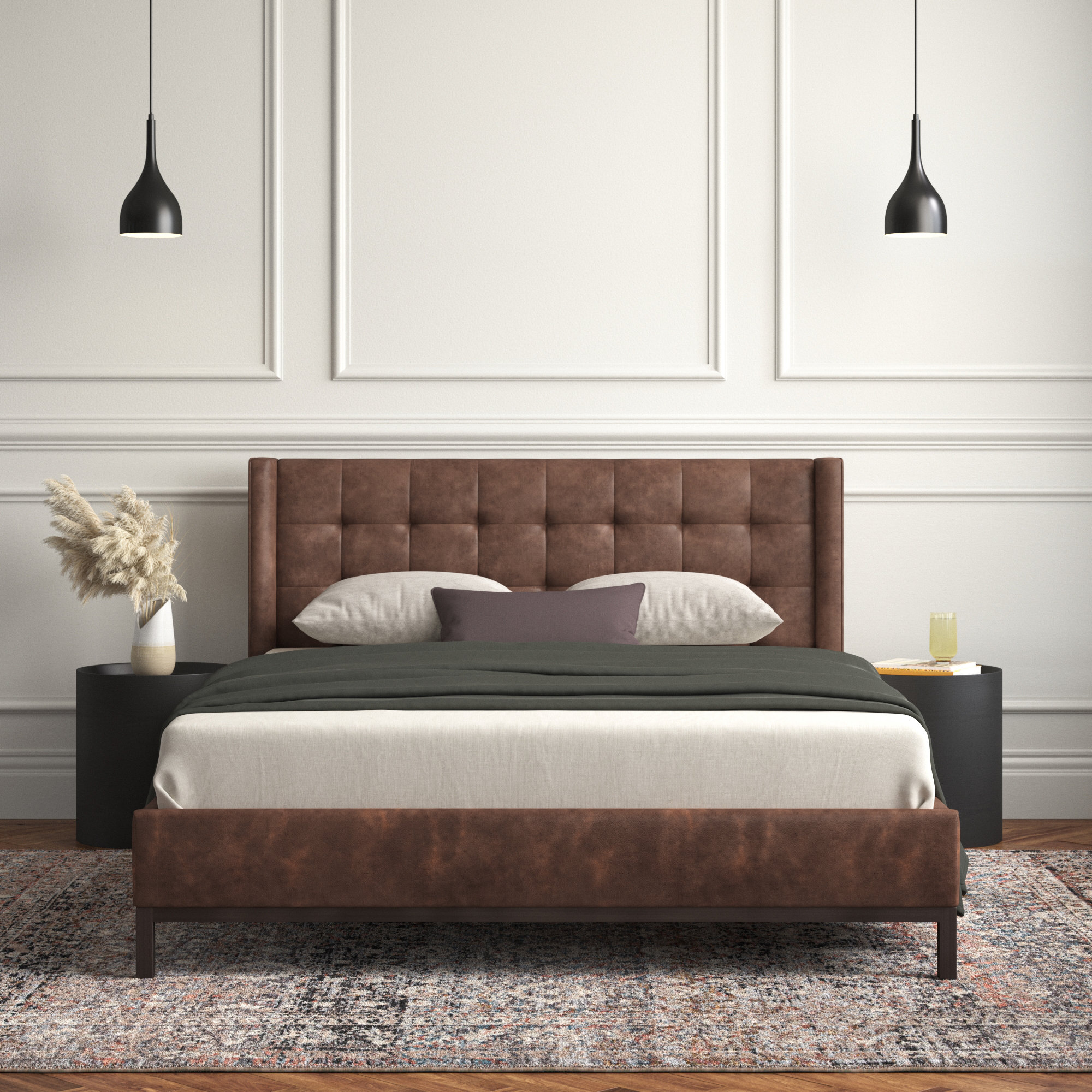 Estrela Upholstered Metal Wingback Bed, Queen, Tobacco