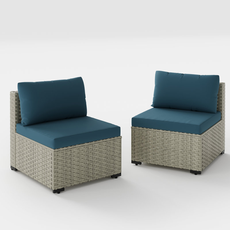 2 Pieces Rattan Patio Sofa With Cushions, Peacock Blue