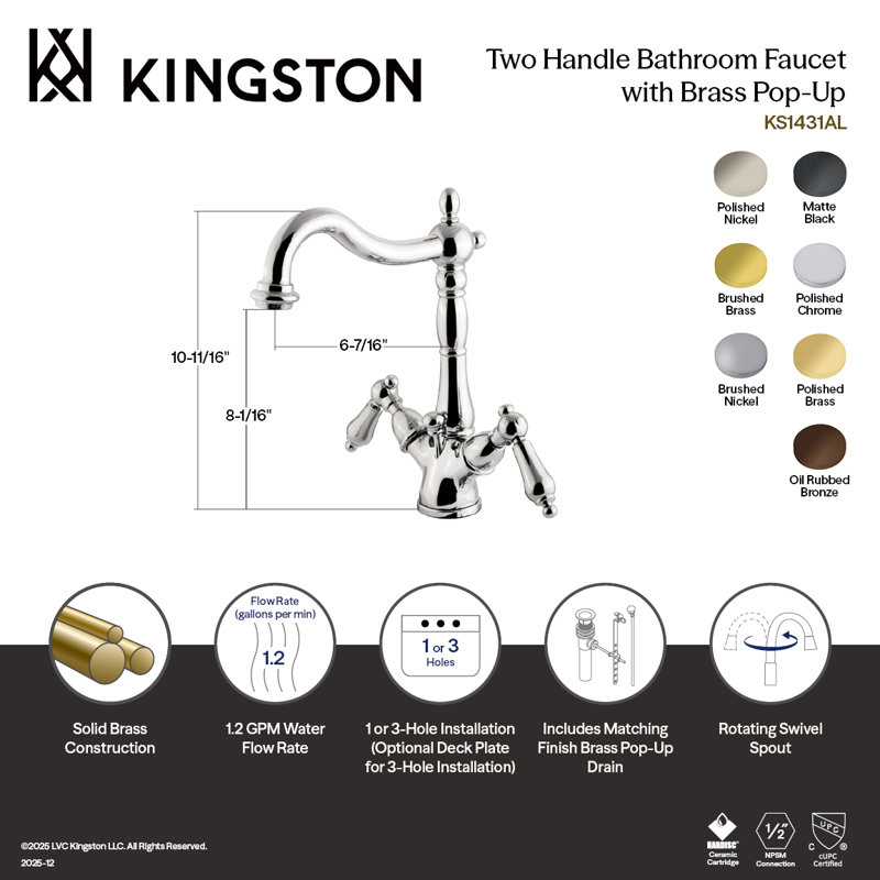 Kingston Brass Heritage Two-Handle 1-or-3 Hole Deck Mount Bathroom Faucet with Brass Pop-Up, Matte Black
