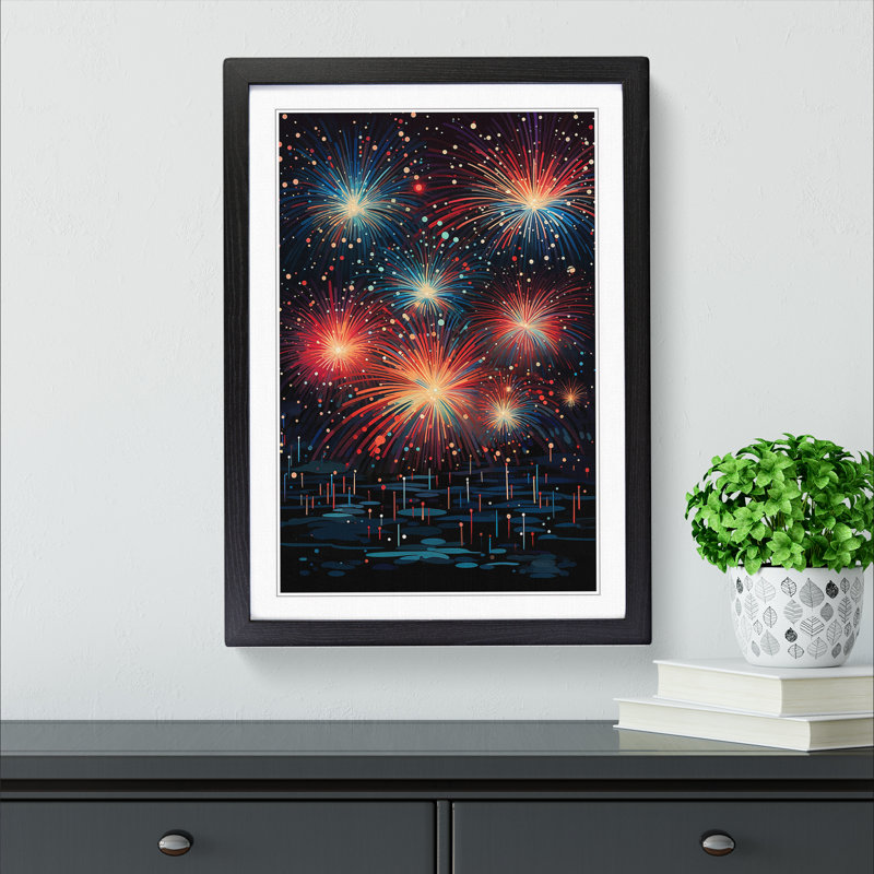 Fireworks Geometric - Single Picture Frame Print on Wood, Black, 64cm H x 46cm W x 2cm D